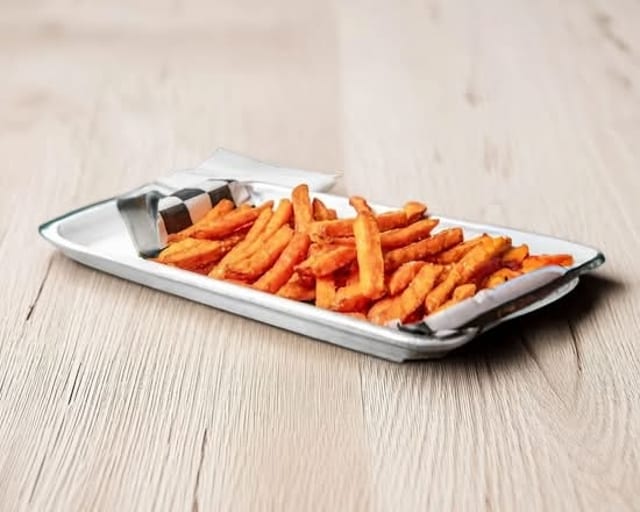 Hangry hotdog with SWEET potato fries and soda.